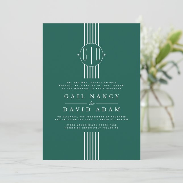 White stripes and initials evergreen wedding invitation (Standing Front)