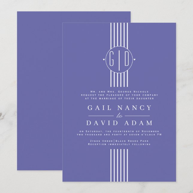 White stripes and initials periwinkle blue wedding invitation (Front/Back)