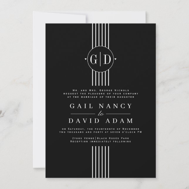 White stripes, initials and photo black wedding invitation (Front)