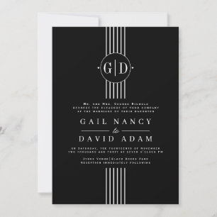 White stripes, initials and photo black wedding invitation