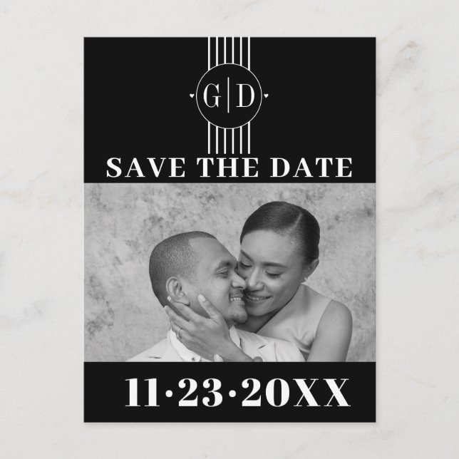 White stripes, initials black photo Save The Date Postcard (Front)
