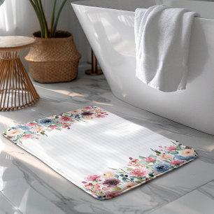 White Stripes Spring Flowers Border Accent Bath Mat