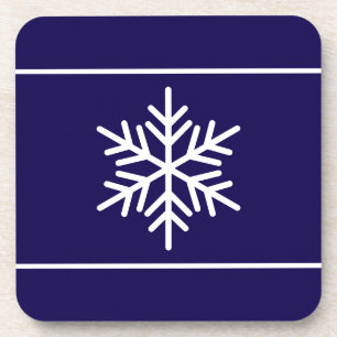 White Stylish Snowflake Stripes On Deep Navy Blue Coaster