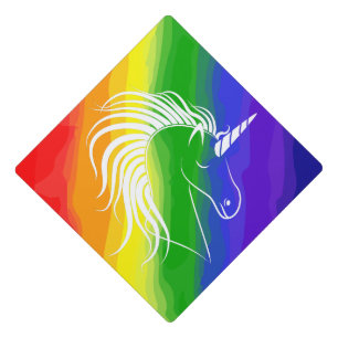 White Stylized Unicorn on Rainbow Graduation Cap Topper