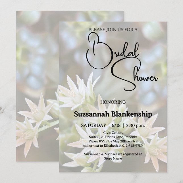 White Succulent Floral Background Bridal Shower  Invitation (Front/Back)