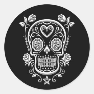 White Sugar Skull with Roses on Black Classic Round Sticker