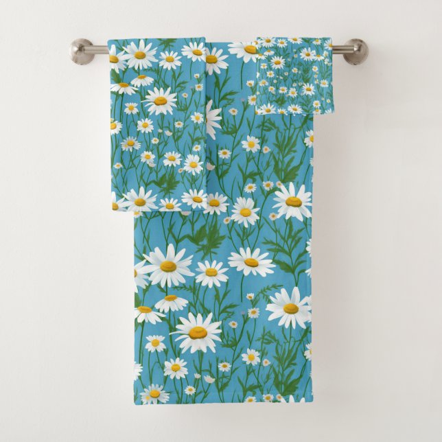 White Summer Daisies On Aqua Bath Towel Set (Insitu)