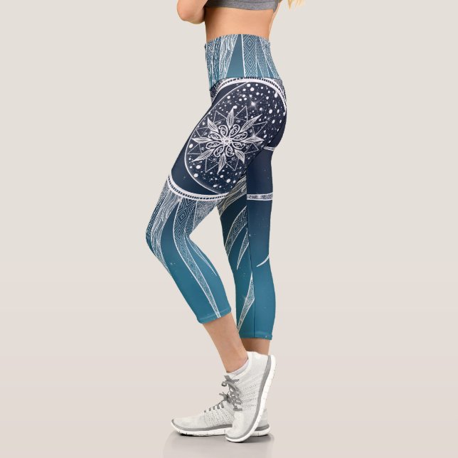 White Sun Moon Mandala Blue Gradient Design Capri Leggings (Left)