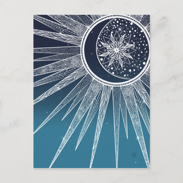 White Sun Moon Mandala Blue Gradient Design Holiday Postcard (Front)