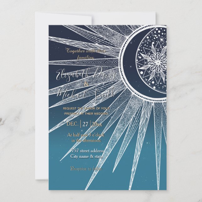 White Sun Moon Mandala Blue Gradient Design Invitation (Front)