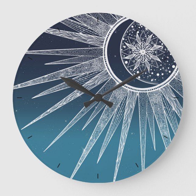 White Sun Moon Mandala Blue Gradient Design Large Clock (Front)