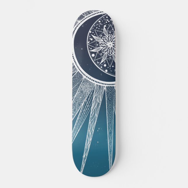 White Sun Moon Mandala Blue Gradient Design Skateboard (Front)