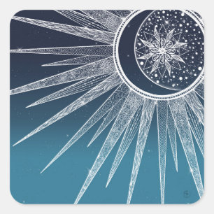 White Sun Moon Mandala Blue Gradient Design Square Sticker
