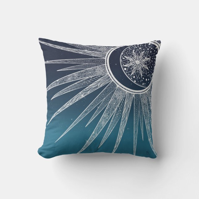 White Sun Moon Mandala Blue Gradient Design Throw Pillow (Front)