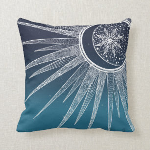 White Sun Moon Mandala Blue Gradient Design Throw Pillow