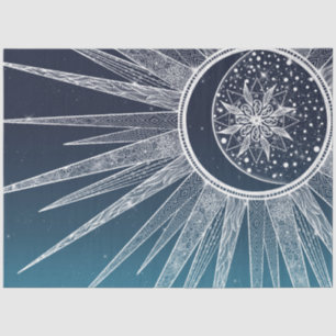 White Sun Moon Mandala Blue Gradient Design Tissue Paper