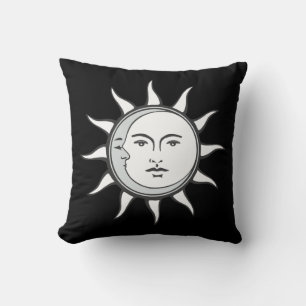 White Sun & Silver Moon on Black Throw Pillow