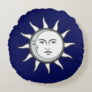 White Sun & Silver Moon on Navy Blue Round Pillow