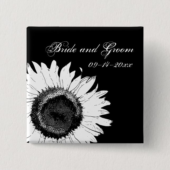 White Sunflower on Black Wedding 2 Inch Square Button (Front)