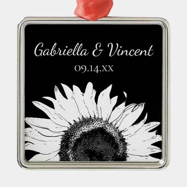 White Sunflower on Black Wedding Metal Ornament (Front)