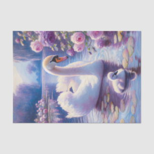 White Swan and Cygnet Purple Roses Decoupage Tissue Paper