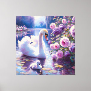 White Swan and Cygnet with Purple Roses Canvas Print