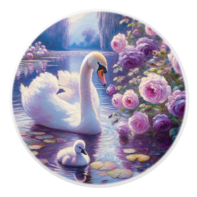 White Swan and Cygnet with Purple Roses Ceramic Knob (Front)