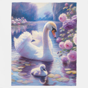 White Swan and Cygnet with Purple Roses Fleece Blanket