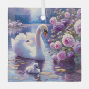 White Swan and Cygnet with Purple Roses Glass Ornament