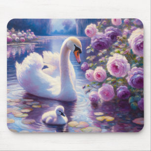 White Swan and Cygnet with Purple Roses Mouse Pad