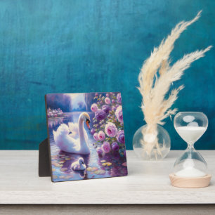 White Swan and Cygnet with Purple Roses Plaque