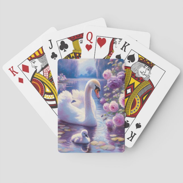 White Swan and Cygnet with Purple Roses Playing Cards (Back)