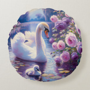White Swan and Cygnet with Purple Roses Round Pillow
