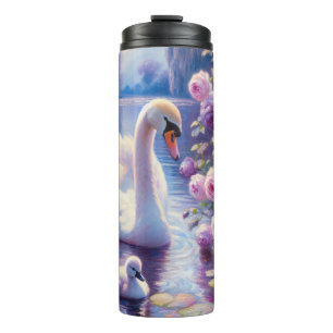 White Swan and Cygnet with Purple Roses Thermal Tumbler