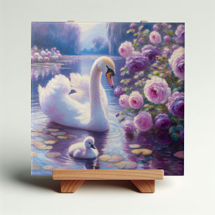 White Swan and Cygnet with Purple Roses Tile