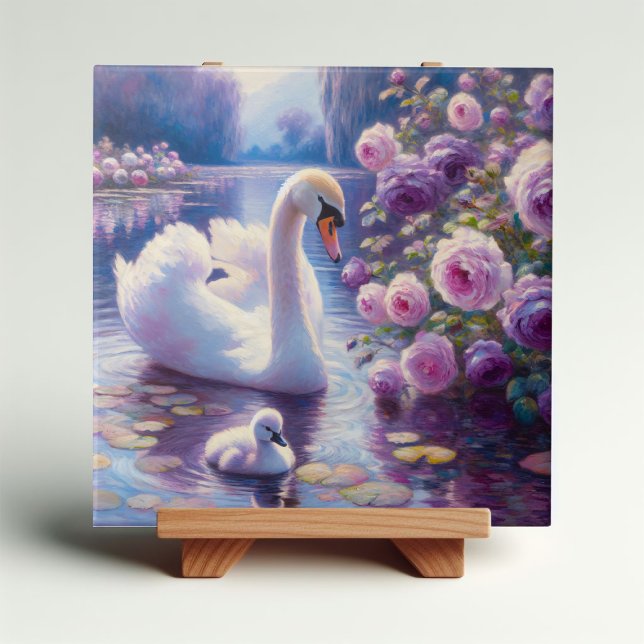 White Swan and Cygnet with Purple Roses Tile (Creator Uploaded)