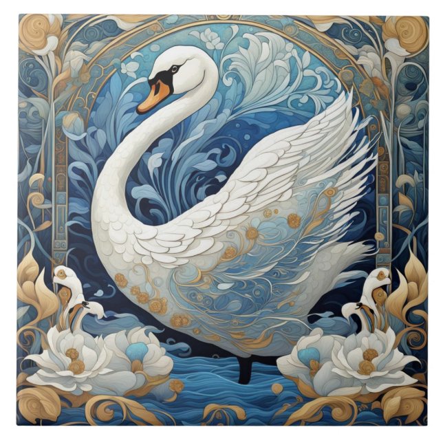 White Swan Art Nouveau Bird Art Deco Blue Tile (Front)