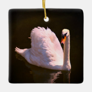 White swan at sunset ceramic ornament