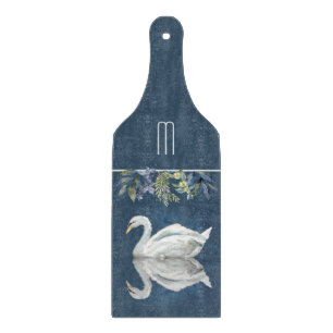 White Swan Blue Reflection Monogram Cutting Board