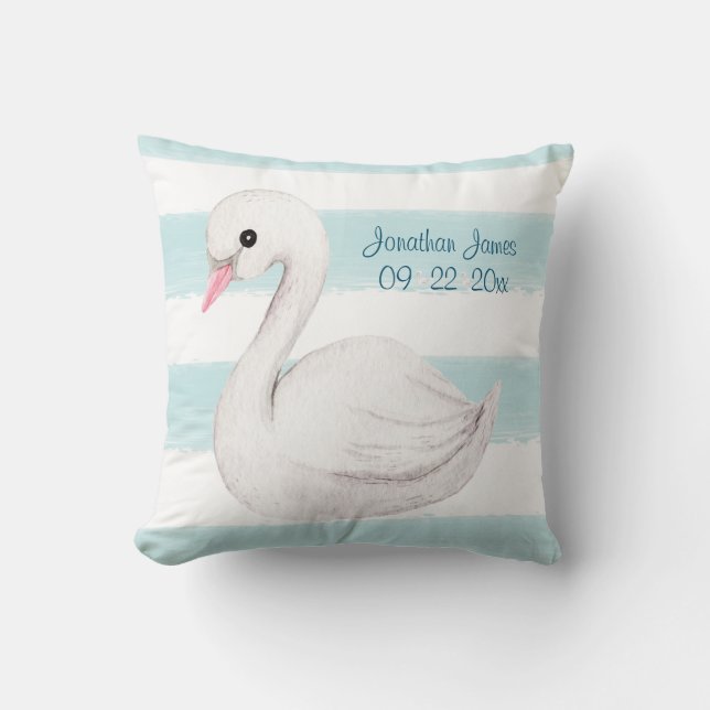 White Swan Blue Script Personalize Boy Birth Throw Pillow (Front)
