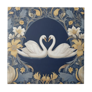 White Swan Couple William Morris style Dark Blue Tile