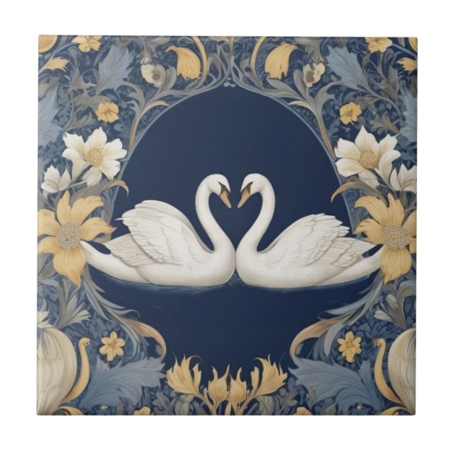 White Swan Couple William Morris style Dark Blue Tile (Front)