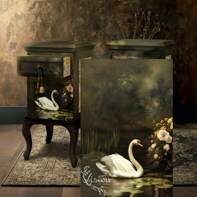 White Swan Dark Romantic Lake Floral Scene Tissue Paper (Baroque Swan Lake print displayed on dark ornate vintage cabinet antique room)