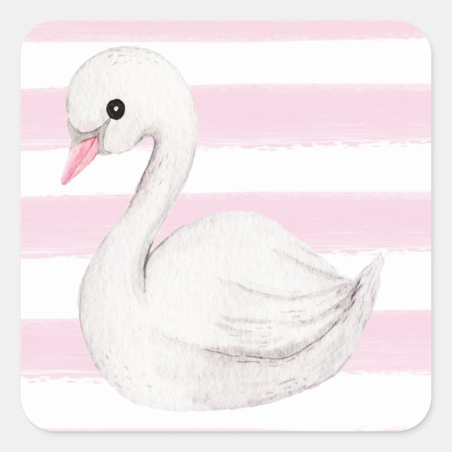 White Swan Elegant Script Pink Stripe Girl Square Sticker (Front)