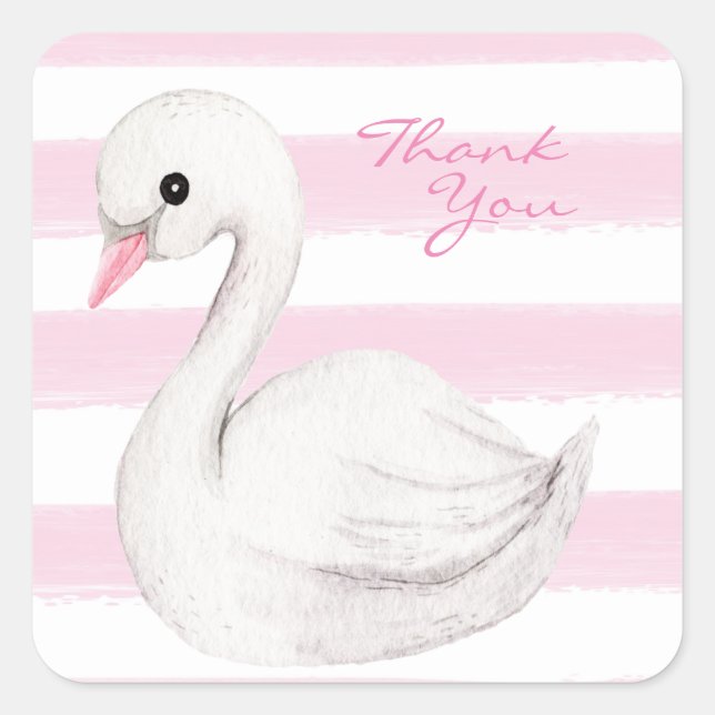 White Swan Elegant Script Pink Thank You Square Sticker (Front)