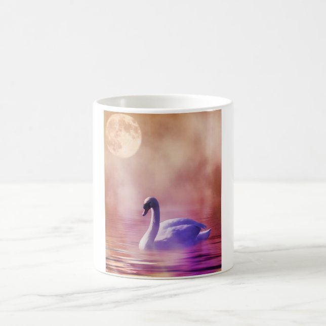 White Swan floating on a misty lake Coffee Mug (Center)
