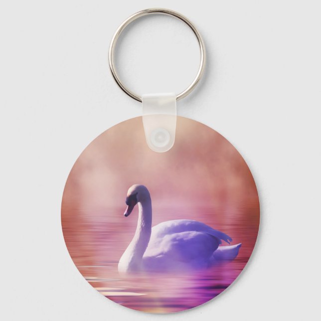 White Swan floating on a misty lake Keychain (Front)
