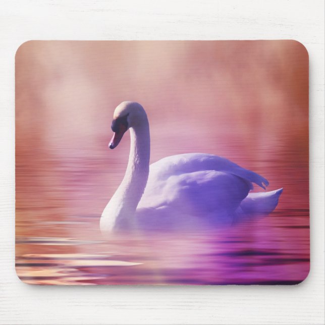 White Swan floating on a misty lake Mouse Pad (Front)