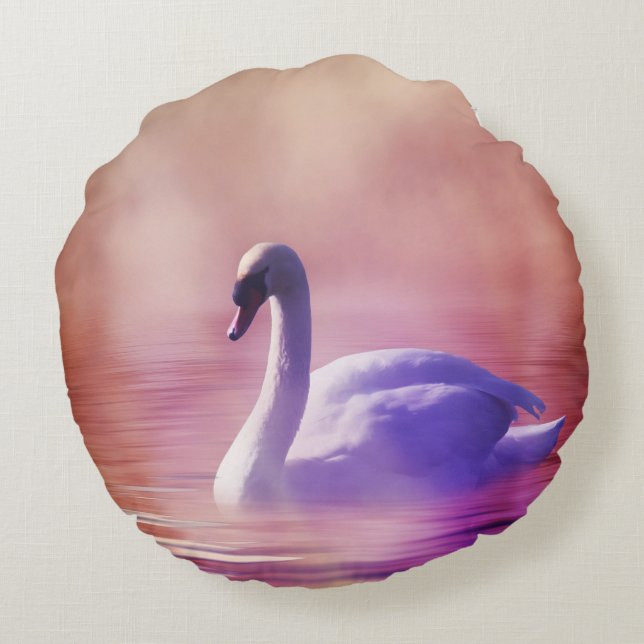 White Swan floating on a misty lake Round Pillow (Back)