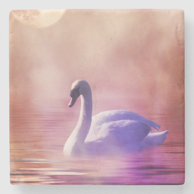 White Swan floating on a misty lake Stone Coaster (Front)